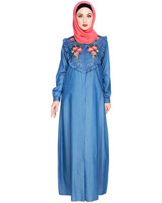 Modest Forever  Blue embroidered denim abaya 1