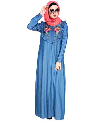 Modest Forever  Blue embroidered denim abaya 2