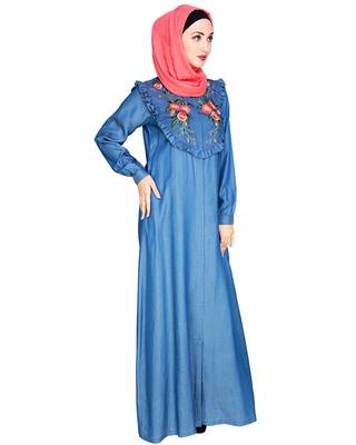 Modest Forever  Blue embroidered denim abaya 3