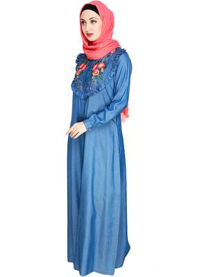 Modest Forever  Blue embroidered denim abaya 4