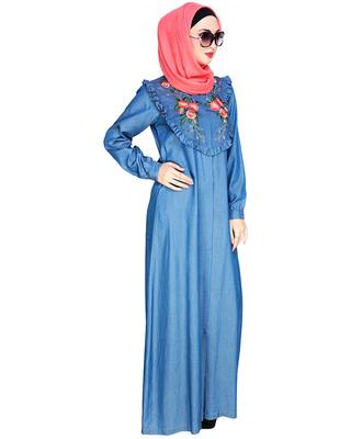 Modest Forever  Blue embroidered denim abaya 5