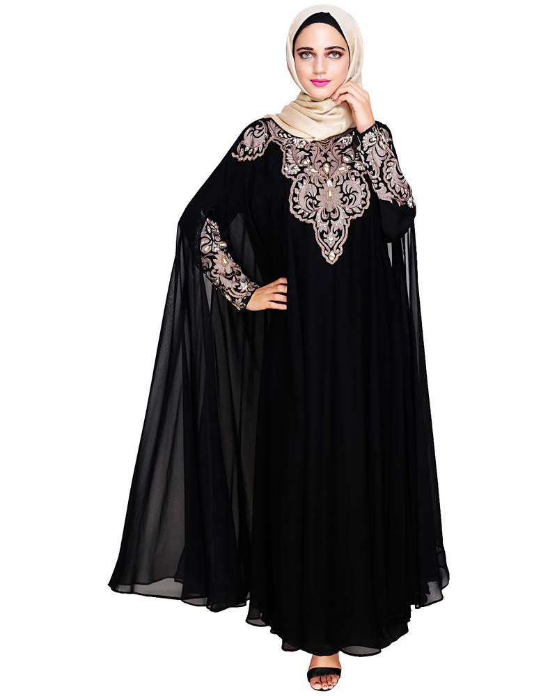 Black embroidered satin irani kaftan abaya