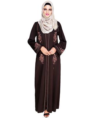 Modest Forever  Dark-brown embroidered satin abaya 1