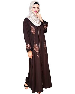 Modest Forever  Dark-brown embroidered satin abaya 2