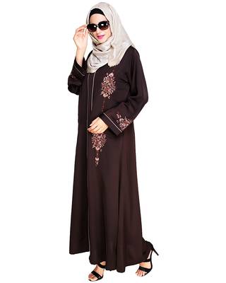 Modest Forever  Dark-brown embroidered satin abaya 4