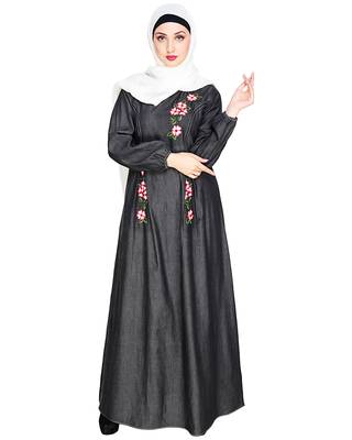 Modest Forever  Black embroidered denim abaya 1