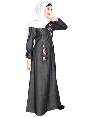 Modest Forever  Black embroidered denim abaya 3
