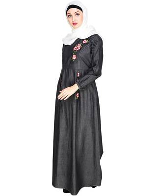 Modest Forever  Black embroidered denim abaya 4