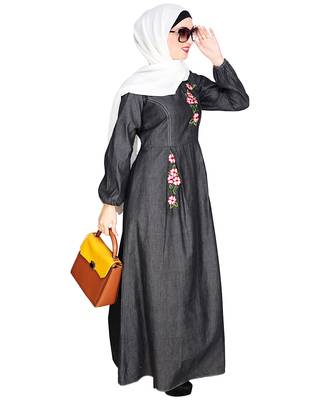 Modest Forever  Black embroidered denim abaya 5
