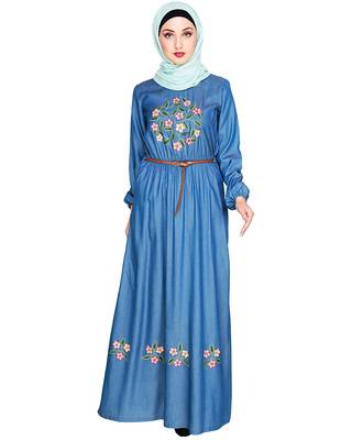 Modest Forever  Blue embroidered denim abaya 1