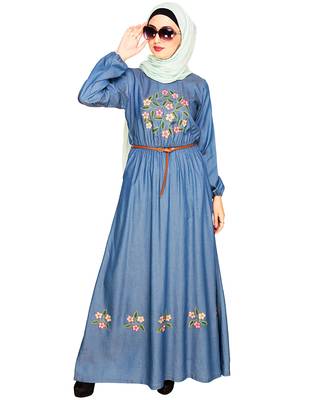 Modest Forever  Blue embroidered denim abaya 2