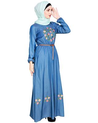 Modest Forever  Blue embroidered denim abaya 3