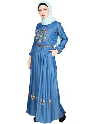 Modest Forever  Blue embroidered denim abaya 4