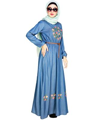 Modest Forever  Blue embroidered denim abaya 5