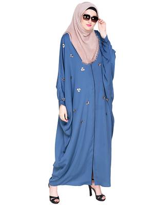 Modest Forever  Teal-blue embroidered satin irani kaftan abaya 1