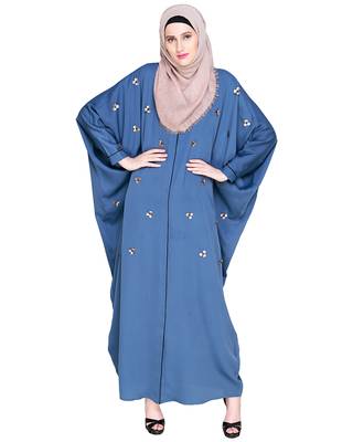 Modest Forever  Teal-blue embroidered satin irani kaftan abaya 2