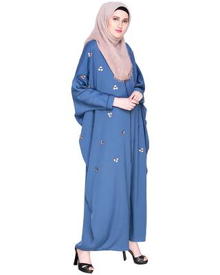 Modest Forever  Teal-blue embroidered satin irani kaftan abaya 3