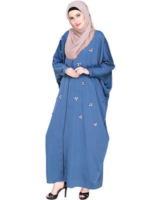 Modest Forever  Teal-blue embroidered satin irani kaftan abaya 4