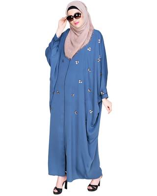 Modest Forever  Teal-blue embroidered satin irani kaftan abaya 5
