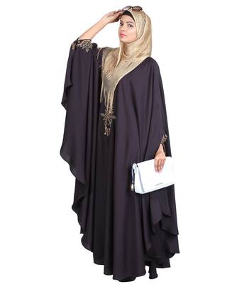 Modest Forever  Dark-purple embroidered satin irani kaftan abaya 1
