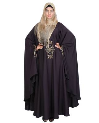 Modest Forever  Dark-purple embroidered satin irani kaftan abaya 2