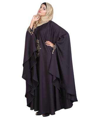 Modest Forever  Dark-purple embroidered satin irani kaftan abaya 3