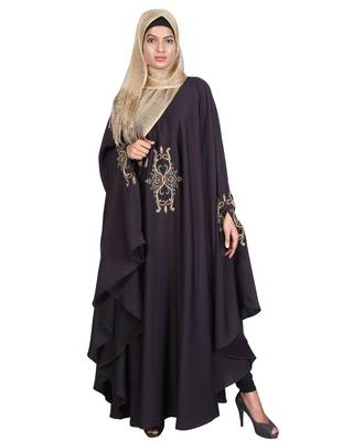 Modest Forever  Dark-purple embroidered satin irani kaftan abaya 4