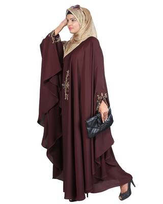Modest Forever  Wine embroidered satin irani kaftan abaya 1