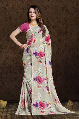 beige printed bemberg saree with blouse 1