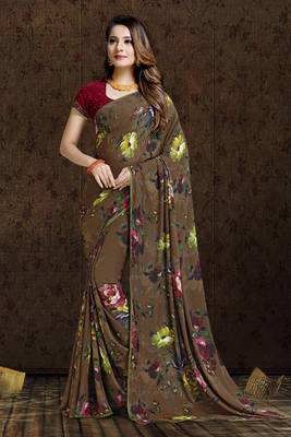 brown printed bemberg saree with blouse 1
