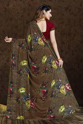 brown printed bemberg saree with blouse 2