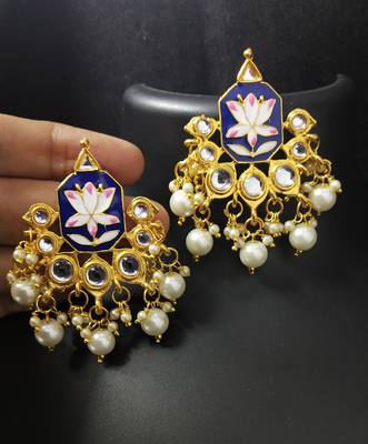 Royal Blue Pink Meenakari Pearl Kundan Alia Bhatt Copy Dangle Earrings 1