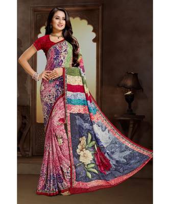 multicolor printed bemberg saree with blouse 1