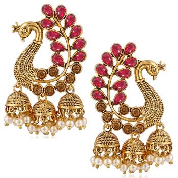 Saizen Traditional Gold Pearl Peacock Kundan Jhumkas Diamond, Pearl Alloy Jhumki Earring 1
