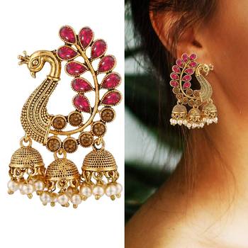 Saizen Traditional Gold Pearl Peacock Kundan Jhumkas Diamond, Pearl Alloy Jhumki Earring 2