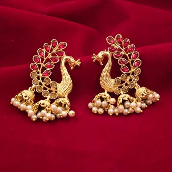 Saizen Traditional Gold Pearl Peacock Kundan Jhumkas Diamond, Pearl Alloy Jhumki Earring 3