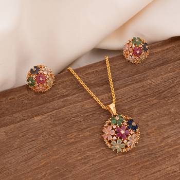 Golden chain with flowers pendant and earrings set one gram gold 1