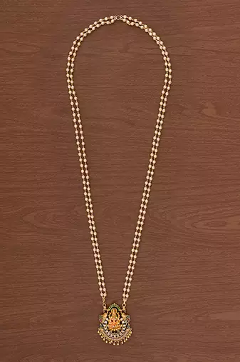 Off-white pearl LONG 2 line necklace with Laxmi pendant one gram gold