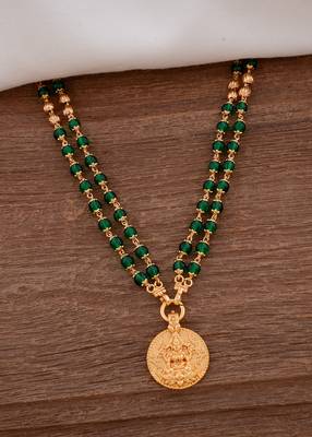 Green beads necklace LONG with Laxmi coin pendant one gram gold 1
