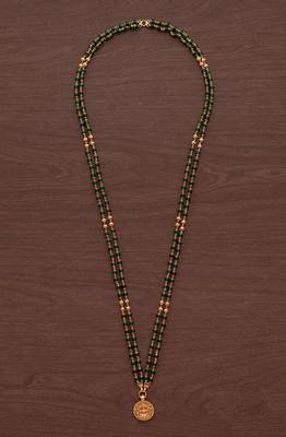 Green beads necklace LONG with Laxmi coin pendant one gram gold 2