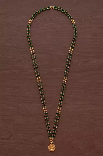 Green beads necklace LONG with Laxmi coin pendant one gram gold