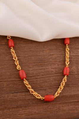 Golden handmade govardhana mudi necklace 30" with coral beads one gram gold 1