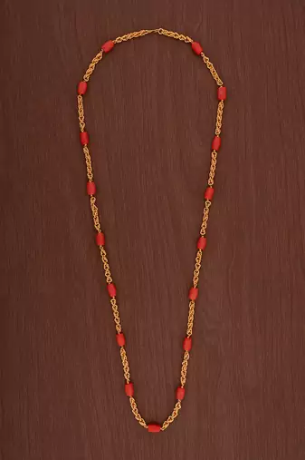 Golden handmade govardhana mudi necklace 30" with coral beads one gram gold