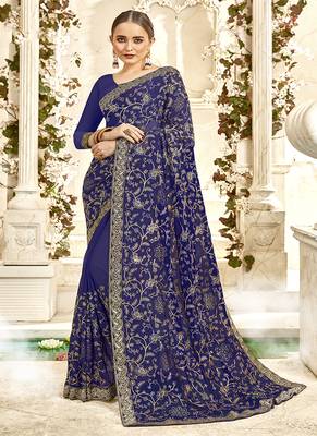 Royal Blue Embroidered Georgette Saree With Blouse 1