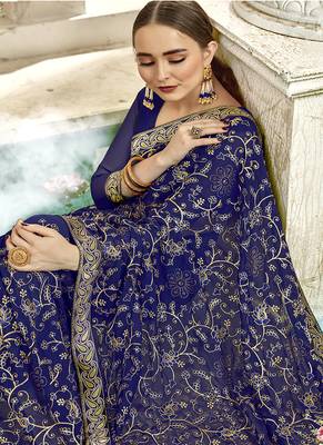 Royal Blue Embroidered Georgette Saree With Blouse 2