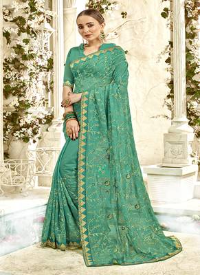 Sea Green Embroidered Georgette Saree With Blouse 1