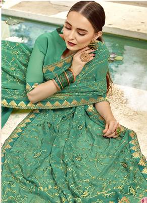 Sea Green Embroidered Georgette Saree With Blouse 2
