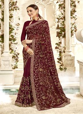Dark Brown Embroidered Georgette Saree With Blouse 1