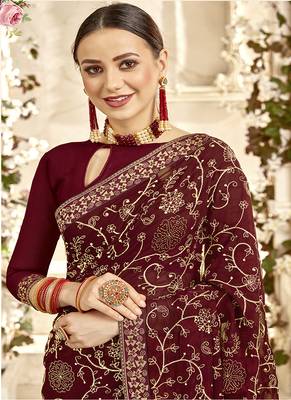 Dark Brown Embroidered Georgette Saree With Blouse 2