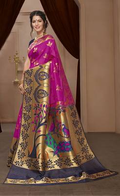pink woven silk blend saree with blouse 1